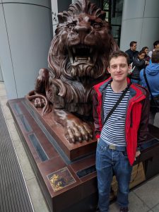 Stephen Meets Steven - There are still bullet holes on him (the lion) from when the Japanese invaded and used him as target practice!